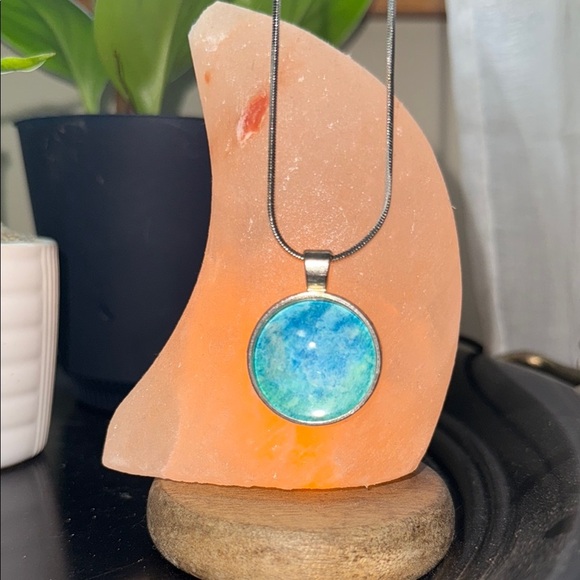 Blue and Green Hand Painted Cabochon Necklace - Picture 1 of 2